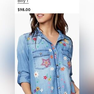 Billy T Embroidered Denim Shirt with Floral and Star Patterns